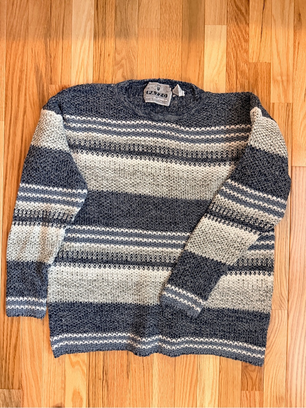 90s vintage Men's Navy and Cream Striped Knit Sweater